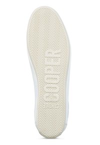 Suola di scarpa in gomma bianca con motivo a spina di pesce. Presenta il marchio impresso "COOPER" al centro. Design semplice e pulito.