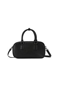 Borsa a tracolla in pelle nera con manici doppi e una tracolla staccabile. Presenta una texture liscia e una forma ovale strutturata.