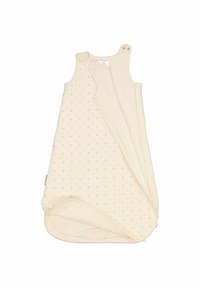 Uniikki makuupussi pehmeästä vaaleankerman värisestä kankaasta, jossa on pieniä kultapisteitä. Siinä on napit olkapäiden kohdalla ja sivuvetoketju, joka helpottaa pääsyä.