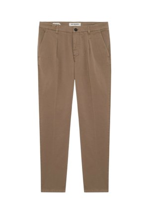 Pantaloni beige da uomo a gamba dritta con tasche frontali, chiusura con bottoni e passanti per cintura, stesi su uno sfondo bianco.
