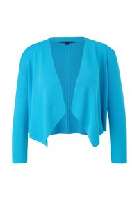 Cardigan court turquoise, design à ouverture frontale, manches longues, texture tricot douce, avec un détail côtelé le long de l'ouverture avant.