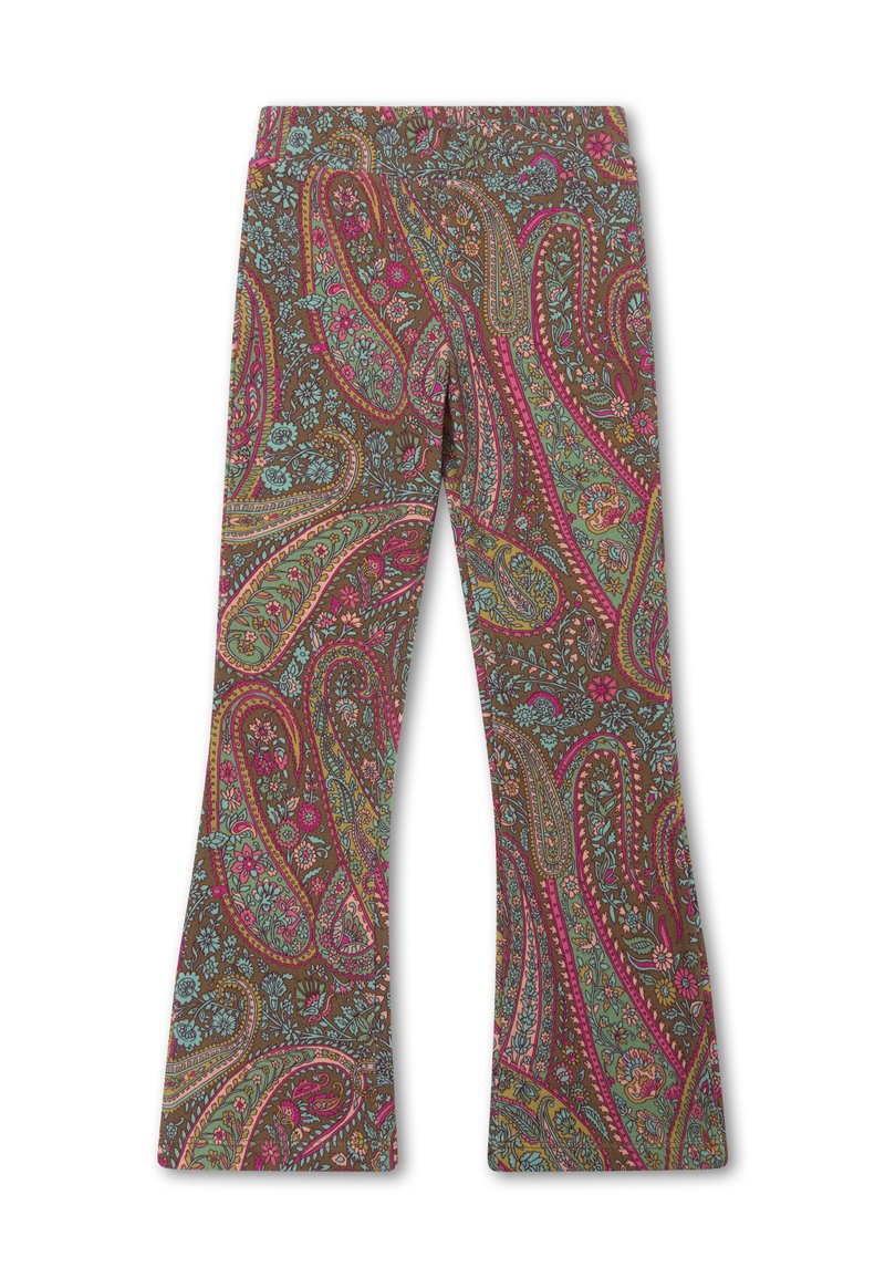 Patronen met uitlopende broek met een bruine basis en kleurrijke paisley- en bloemmotieven in roze en blauw. Gemaakt van zachte, flexibele stof.