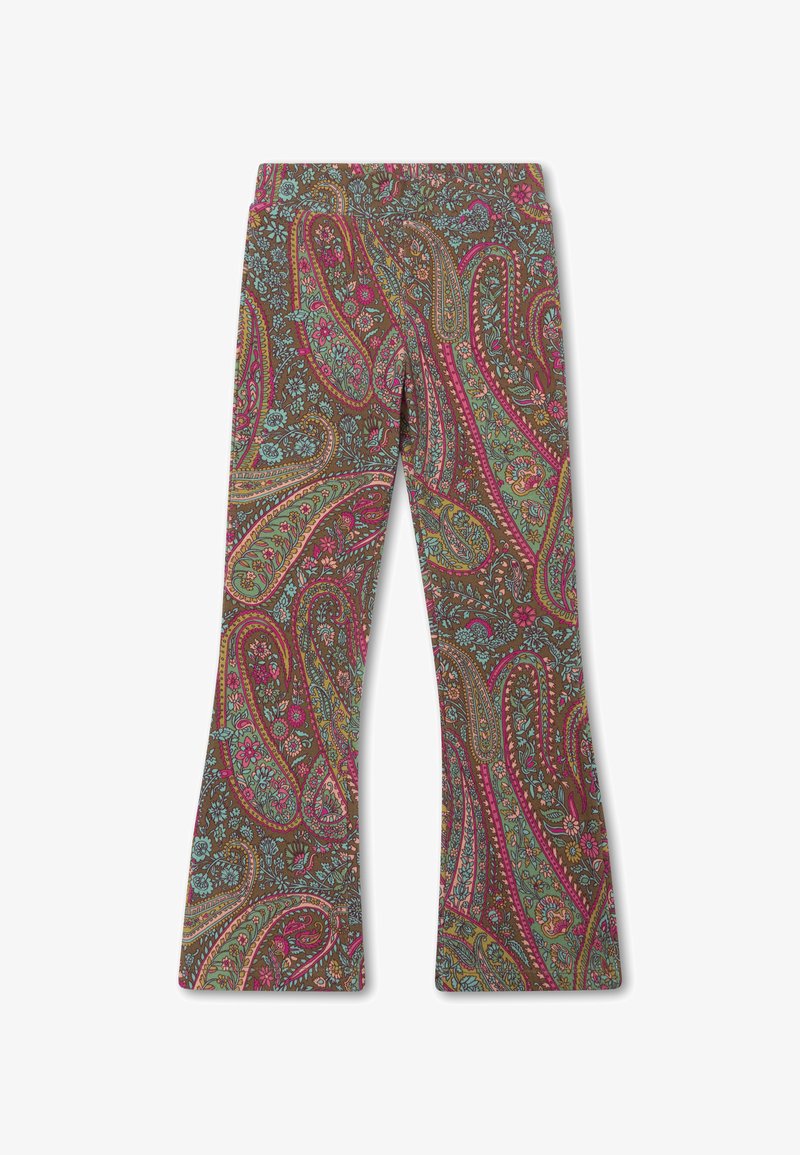 Patronen met uitlopende broek met een bruine basis en kleurrijke paisley- en bloemmotieven in roze en blauw. Gemaakt van zachte, flexibele stof.
