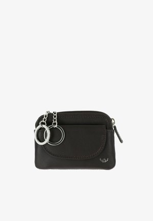 Petite pochette à pièces en cuir noir avec poche avant à rabat, fermeture éclair et deux porte-clés argentés attachés à de courtes chaînes.