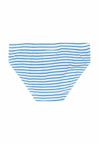 Modré a biele pruhované bikiny s hladkým materiálom, s elastickým pásom a klasickým strihom. Žiadne ďalšie detaily ani akcenty.