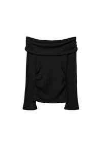 Černý žebrovaný pletený top s odkrytými rameny a dlouhým rukávem s nařasenými detaily na přední části.