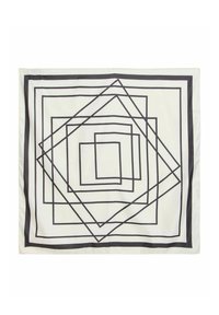 Carré en soie avec un motif de carrés noirs concentriques sur fond crème. Les bords sont soulignés d'une bordure noire unie.