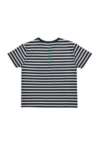 Schwarz-weiß gestreites T-Shirt, Rundhalsausschnitt, kurzärmlig, mit grünem Text "UNTER BAU" auf dem Rücken, aus Baumwollstoff.