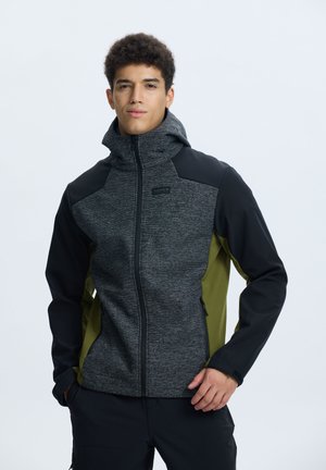 Herenjacket met een grijze getextureerde voorkant, zwarte schouders en olijfgroene zijkanten. Hoge kraag met een capuchon en een ritsluiting aan de voorkant.