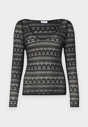 Čierny dlhý rukáv top z čipky s kvetinovým vzorom. Má široký výstrih a priliehavý strih. Textúrovaný a priesvitný vzhľad.