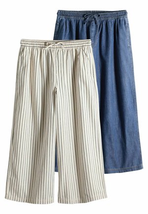 Two pairs of wide-leg pants: one in beige with vertical navy stripes, and the other in solid dark blue denim, featuring elastic waistbands.
