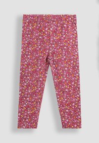 Rózsaszín, teljes hosszúságú leggings, elasztikus derékkal, multiszínű virág- és őszi témájú mintával.