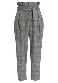 Pantaloni a scacchi grigi con vita con cintura, vestibilità su misura e lunghezza ankle, caratterizzati da una texture sottile e dettagli plissettati sulla parte anteriore.