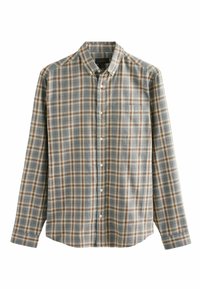 Button-up shirt in a blue and brown plaid pattern, featuring a classic collar, long sleeves, and a pocket on the left side.