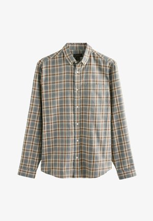 Button-up shirt in a blue and brown plaid pattern, featuring a classic collar, long sleeves, and a pocket on the left side.
