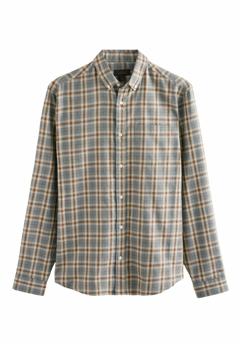 Button-up shirt in a blue and brown plaid pattern, featuring a classic collar, long sleeves, and a pocket on the left side.