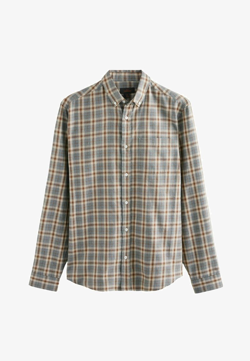Camicia button-up con una fantasia a quadri blu e marrone, dotata di colletto classico, maniche lunghe e tasca sul lato sinistro.