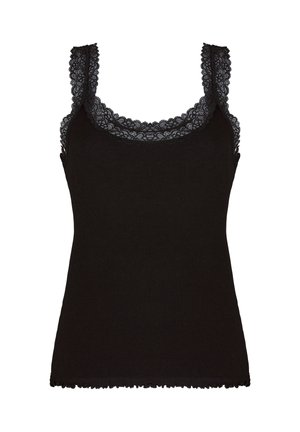 Zwarte geribbelde tanktop met brede kanten banden en kanten rand langs de halslijn en onderzoom.