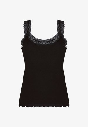 Zwarte geribbelde tanktop met brede kanten banden en kanten rand langs de halslijn en onderzoom.