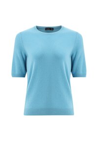 Hellesblaues, kurzärmeliges Strickpullover mit Rundhalsausschnitt. Verfügt über eine glatte Textur und gerippte Kanten am Saum und an den Bündchen.