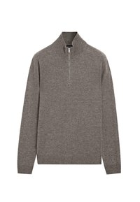 Maglione grigio a maglia con maniche lunghe e colletto a zip parziale, dotato di polsini e orlo a coste.