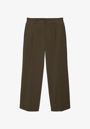 Braune, locker sitzende Hose aus weichem Material mit flachem Frontschnitt, Seitentaschen und einem Knopfverschluss an der Taille. Schlichtes Design ohne Muster.