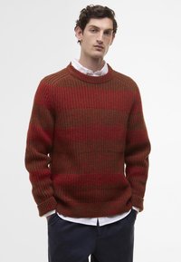 Gestreifter Strickpullover in Braun und Rot. Runder Ausschnitt, gerippte Bündchen und Saum. Dicke Textur, über einem weißen Hemd mit Kragen getragen.