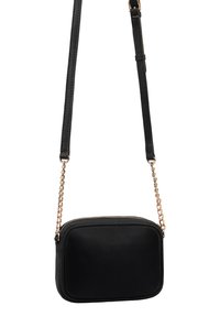 Zwarte crossbody tas van textuurleer, met een rechthoekige vorm, een kettingband in goudtint en een ritssluiting.