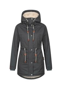 Gray parka jacket with a hood, featuring a fuzzy inner lining, drawstring waist, two front pockets, and silver hardware accents.