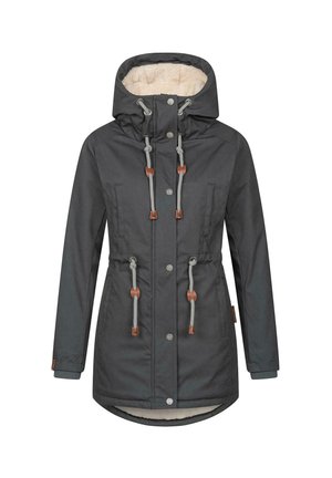 Graue Parkajacke mit Kapuze, ausgestattet mit einem flauschigen Innenfutter, Kordelzug in der Taille, zwei vorderen Taschen und silbernen Hardware-Details.