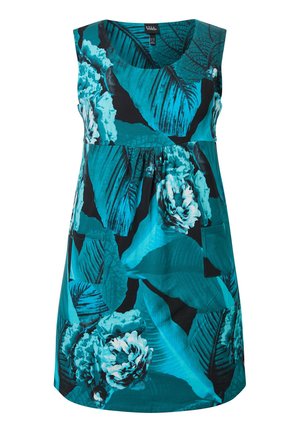 Sukienka bez rękawów w kolorze morskim z dużymi wzorami ciemnozielonych liści i białych kwiatów, z dekoltem w kształcie litery U oraz dwoma kieszeniami z przodu.