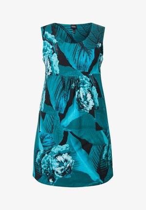 Sukienka bez rękawów w kolorze morskim z dużymi wzorami ciemnozielonych liści i białych kwiatów, z dekoltem w kształcie litery U oraz dwoma kieszeniami z przodu.
