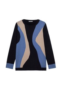 Jersey de punto con ondas abstractas en azul, beige y negro. Cuello y puños acanalados; mangas largas; textura suave.