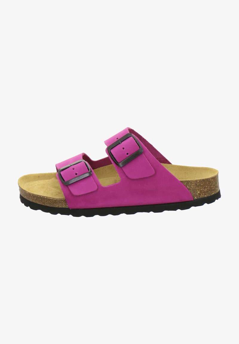 Pink suede sandal with two adjustable straps, black hardware, a cork midsole, and a textured black rubber outsole.