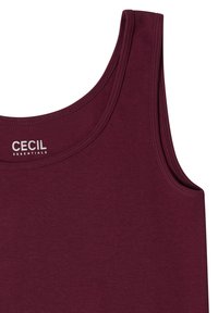 Débardeur bordeaux sans manches à encolure ronde, étiquette CECIL Essentials visible imprimée à l’intérieur du col, présenté sur un fond uni.