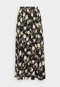 Svart lång kjol med veck och mönster av vita och gula rosor samt gröna bladstammar.