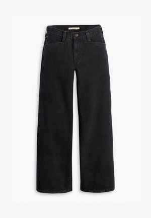 Jeans de perna larga pretos feitos de denim. Apresentam uma cintura alta, bolsos frontais e um fecho de correr com botão. Textura suave.