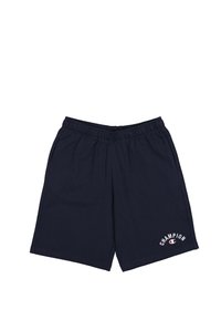 Navy blue cotton shorts with elastic waistband, featuring a white "Champion" logo on the lower left side. Classic athletic design.