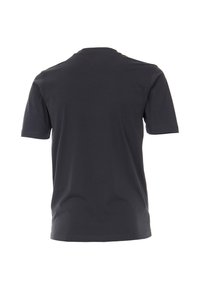 Donkergrijs T-shirt met korte mouwen en ronde hals. Gemaakt van een gladde, lichte stof. Eenvoudig ontwerp zonder zichtbare logo's of patronen.
