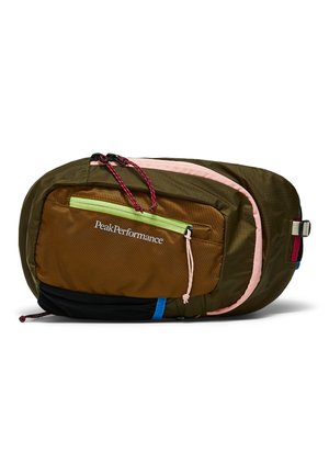 Olijfgroene en bruine PeakPerformance heuptas met roze en blauwe accenten, voorvak met rits en verstelbare riem.