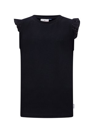 Camiseta negra de manga corta con detalles de encaje con volantes en los hombros, cuello redondo y un sutil bordado en la parte delantera. Tejido de algodón suave.