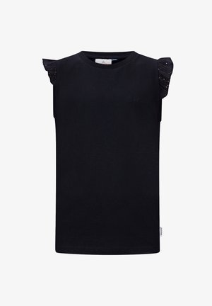 Schwarzes T-Shirt mit kurzen Ärmeln, Rüschen und Spitzenakzenten an den Schultern, rundem Ausschnitt und dezentem Stickdetail auf der Vorderseite. Weicher Baumwollstoff.