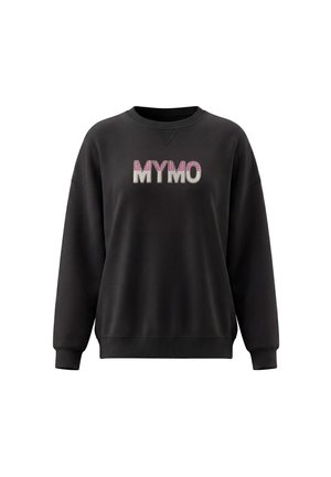Sort langærmet sweatshirt med ribkantede manchetter og kant, med "MYMO" tekst i pink og hvide mønstrede bogstaver centreret på brystet.