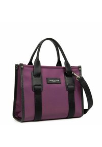 Borsa a tracolla in tessuto viola con dettagli in pelle nera, doppio manico, tracolla rimovibile e placca con logo. Design strutturato con linee eleganti.