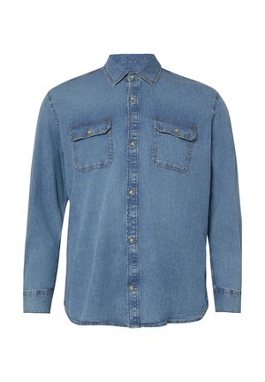 Herren-Langarmhemd aus blauem Denim mit Knopfleiste, zwei geknöpften Brusttaschen und klassischem Kragen.