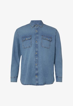 Herenblauwe spijkershirt met lange mouwen, knoopsluiting aan de voorkant, twee borstzakken met knopen en een klassieke kraag.