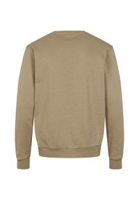 Felpa beige a maniche lunghe con polsini e orlo a costine, mostrata da dietro su uno sfondo bianco.