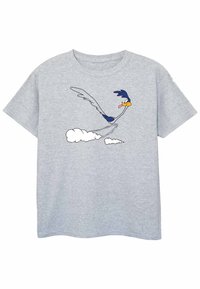 Gray cotton t-shirt featuring an illustration of a cartoon bird in flight with blue and orange accents against white cloud shapes.