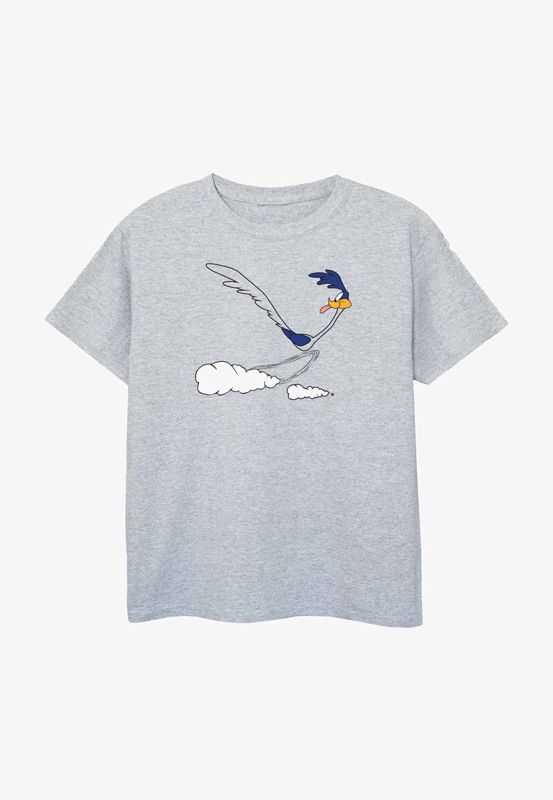 Gray cotton t-shirt featuring an illustration of a cartoon bird in flight with blue and orange accents against white cloud shapes.