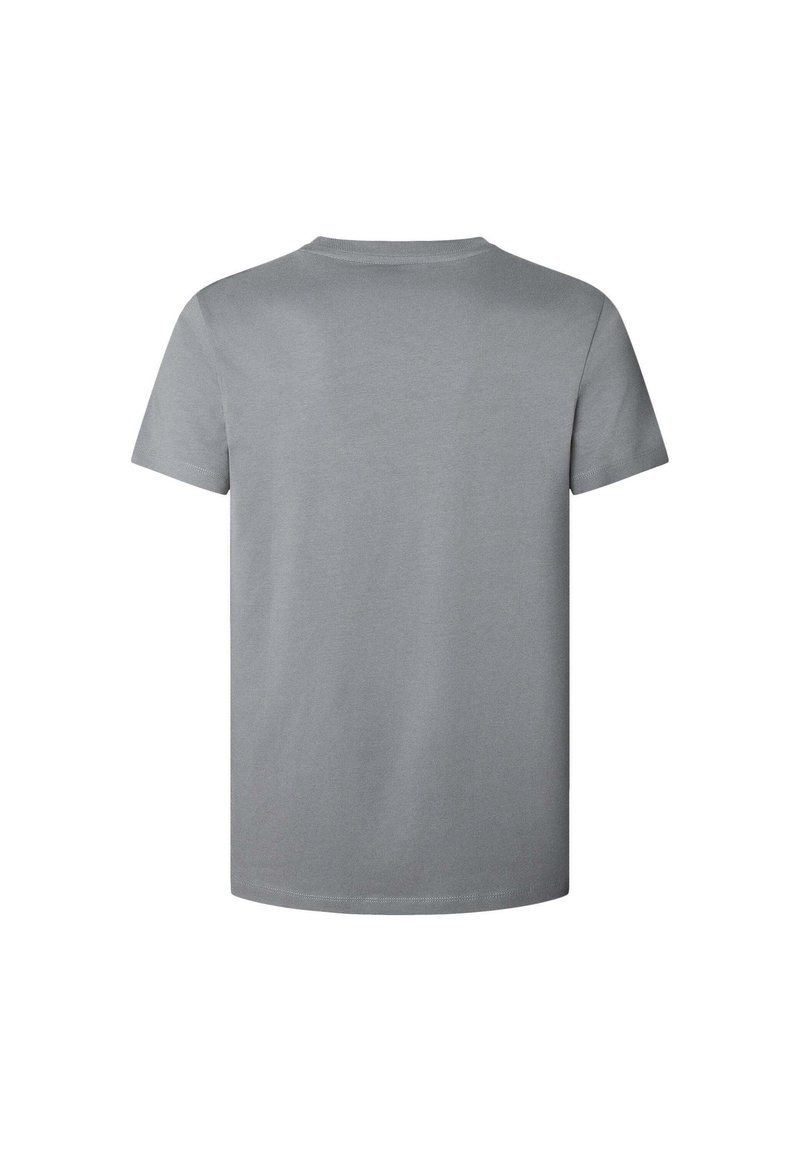 Graues Baumwoll-T-Shirt mit kurzen Ärmeln und rundem Halsausschnitt; glatte Textur und schlichtes Design ohne sichtbare Muster oder Akzente.
